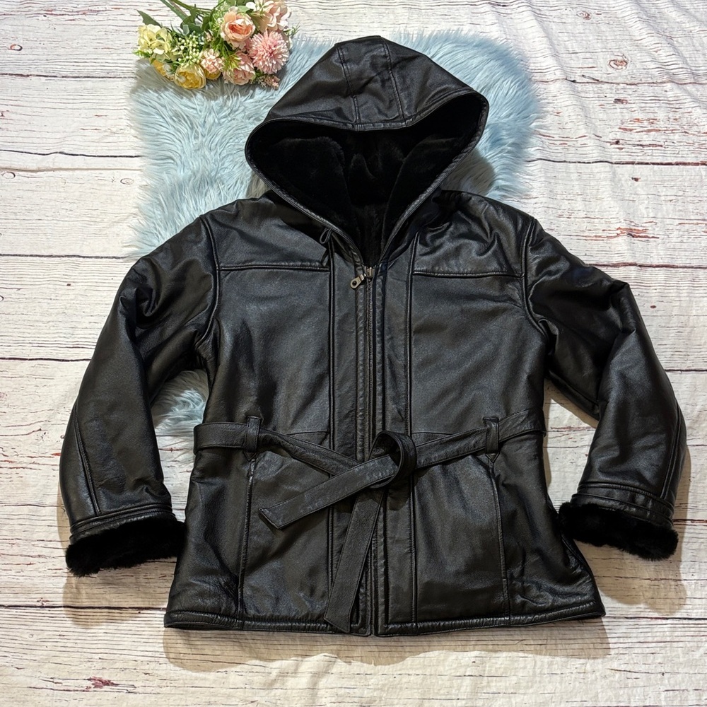 Wilsons Leather Black Genuine Leather Faux Fur Lines Tie Waist Hooded Jacket